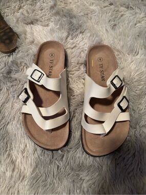 White Adjustable Triple-Strap Slide Sandals